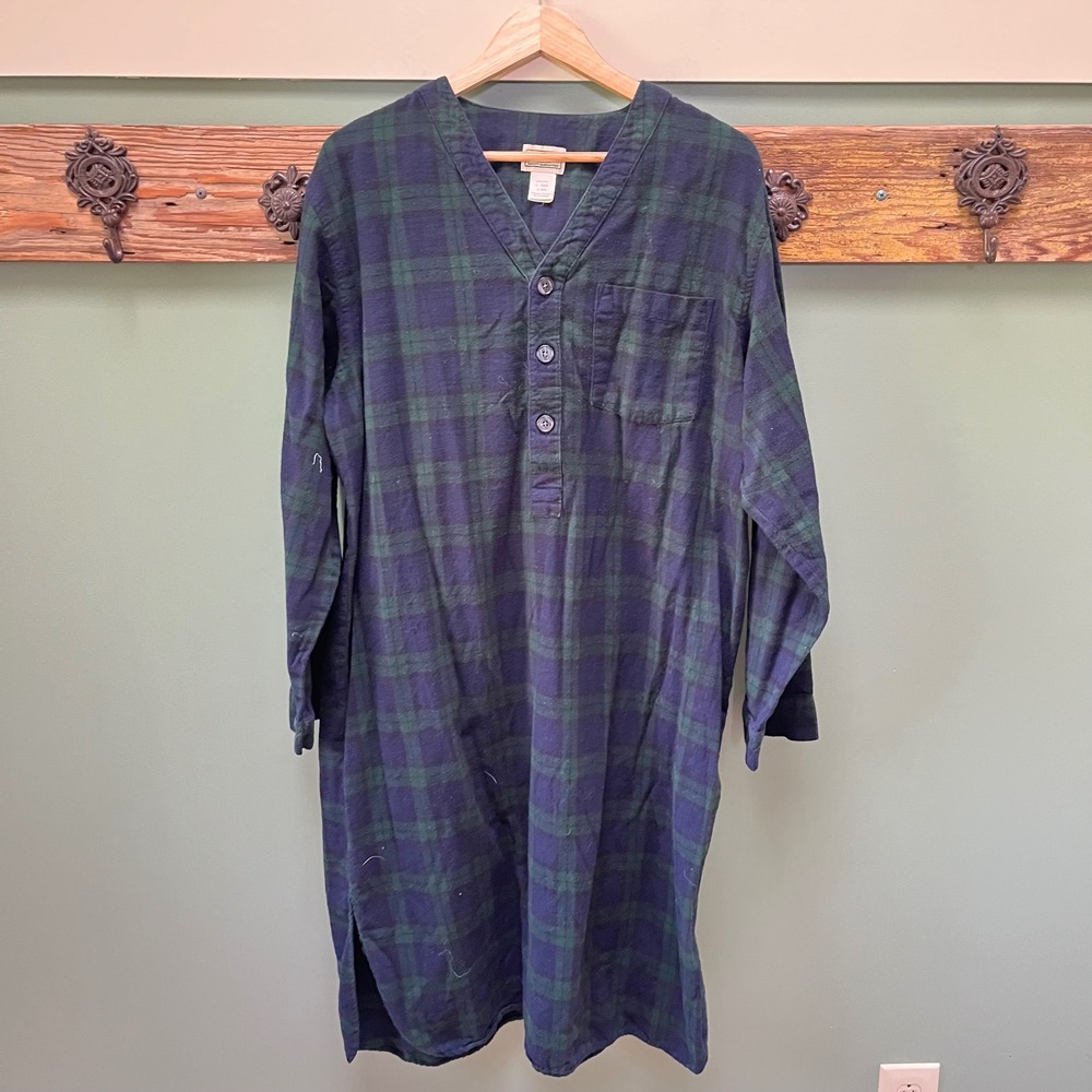 LL Bean Long Flannel Nightshirt Womens Large Green Blue Black Watch Plaid Cotton